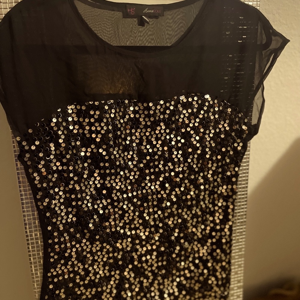 🌸 Black & Gold Sparkle Sheer Blouse – Chic Party Top (M)